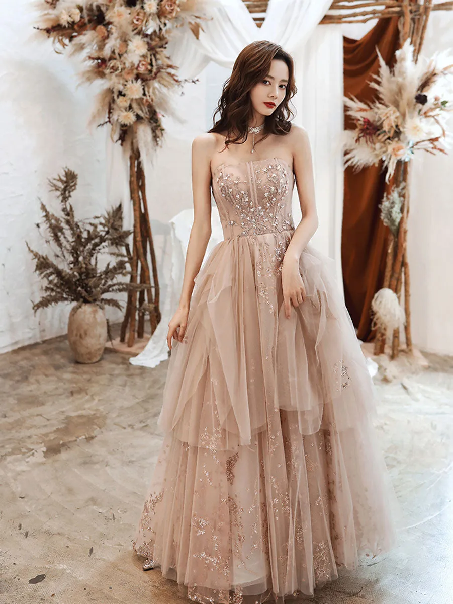 A-line Champagne Tulle Lace Long Prom Dress Lace Evening Dress