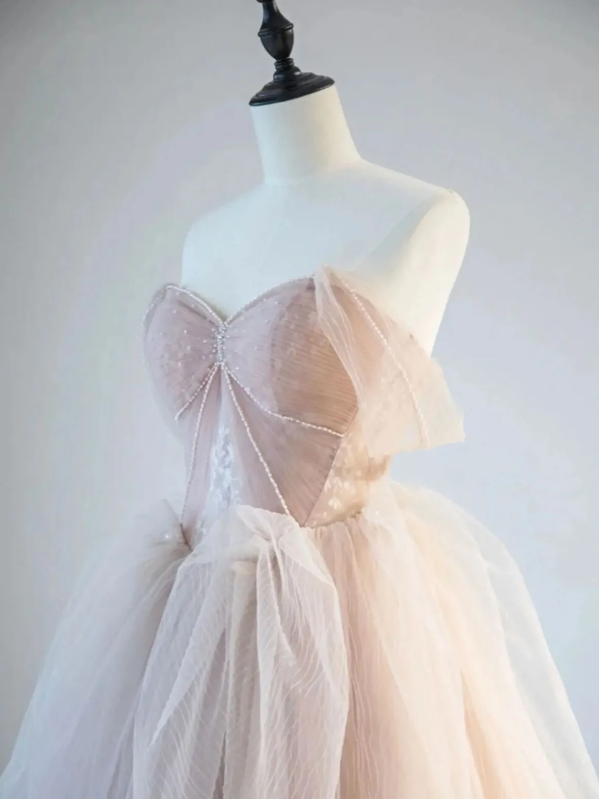 A-Line Off Shoulder Tulle Lace Champagne Pink Long Prom Dress, Lace Long Formal Dress