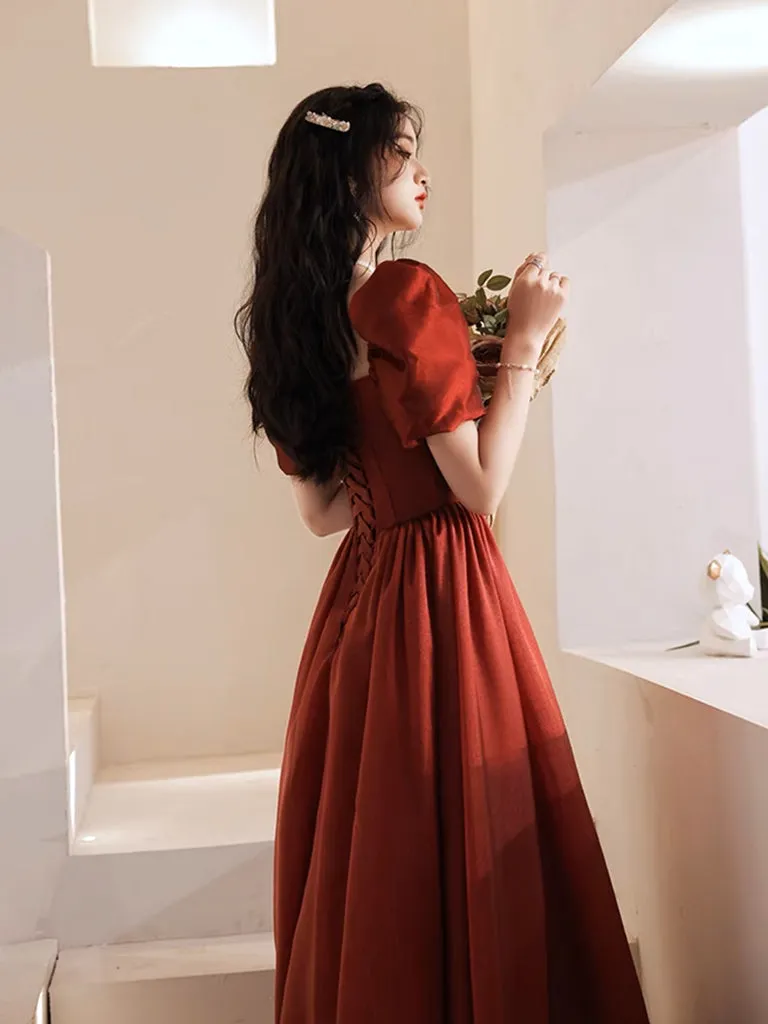 A-Line Puff Sleeves Organza Burgundy Long Prom Dress, Burgundy Long Evening Dress