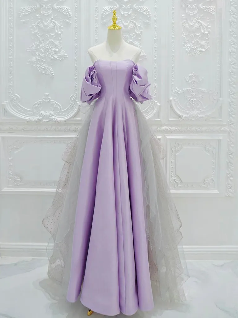 A-Line Satin Tulle Purple Long Prom Dress, Tulle Purple Long Formal Dress