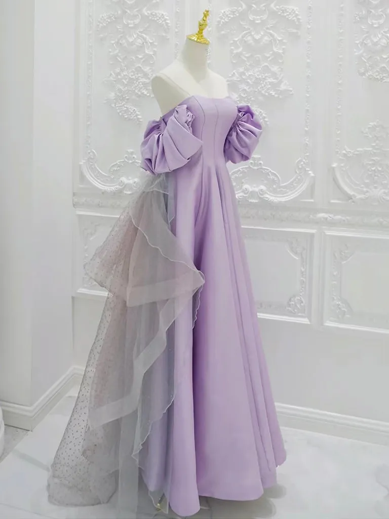 A-Line Satin Tulle Purple Long Prom Dress, Tulle Purple Long Formal Dress