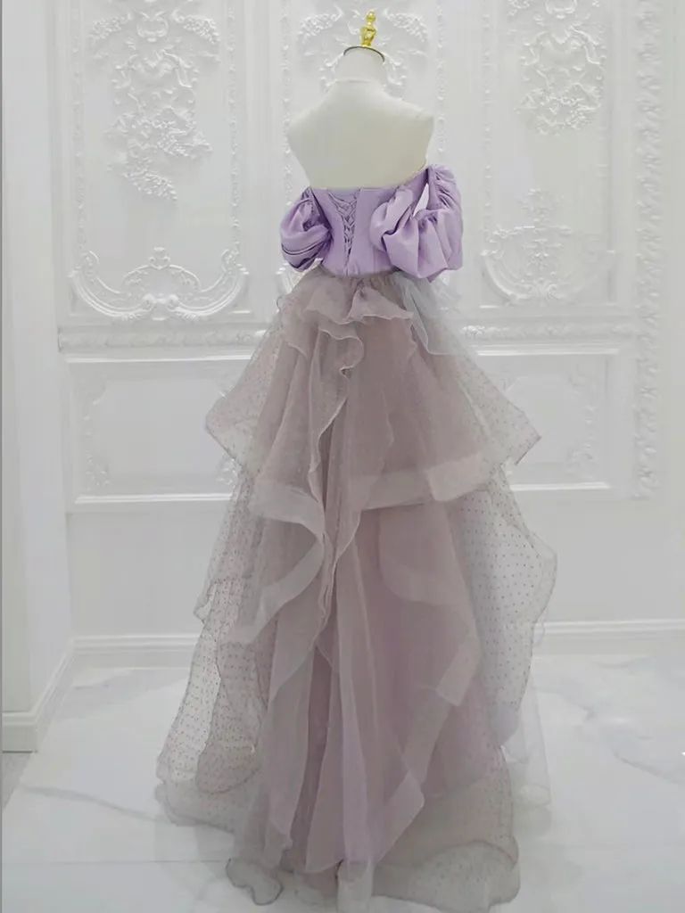 A-Line Satin Tulle Purple Long Prom Dress, Tulle Purple Long Formal Dress