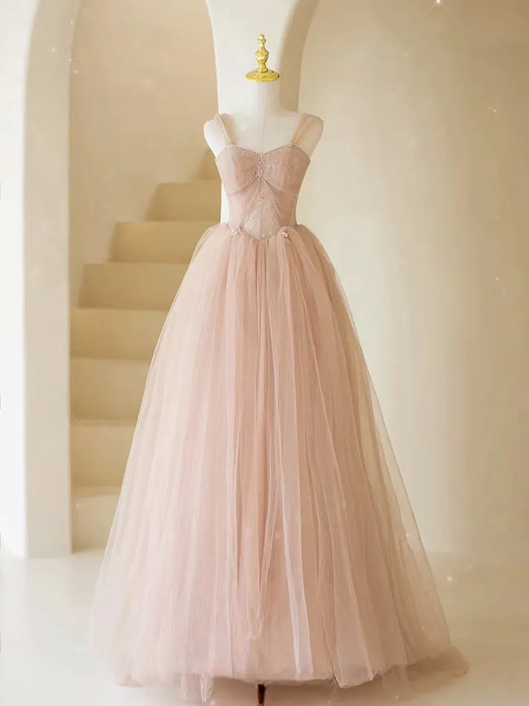 A-Line Sweetheart Neck Tulle Lace Long Pink Prom Dress, Pink Party Dress with Beads