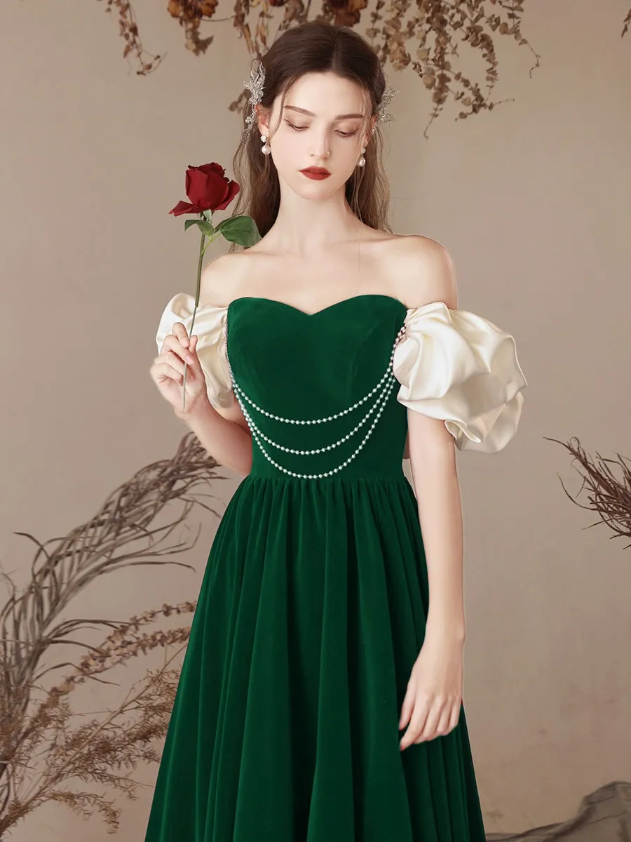 A-Line Sweetheart Neck Velvet Green Long Prom Dress, Green Long Formal Dress