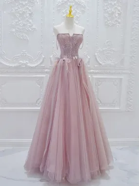 A-Line Tulle Lace Pink Long Prom Dress, Pink Tulle Lace Long Formal Dress