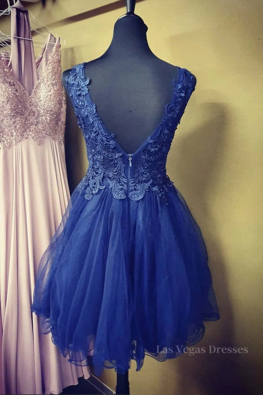 A Line V Neck Blue Lace Short Prom Dress, Blue Lace Homecoming Dress, Short Blue Formal Evening Dress