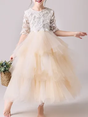 Ball Gown Tulle Jewel Neck Pageant Flower Girl Dresses With Sleeves