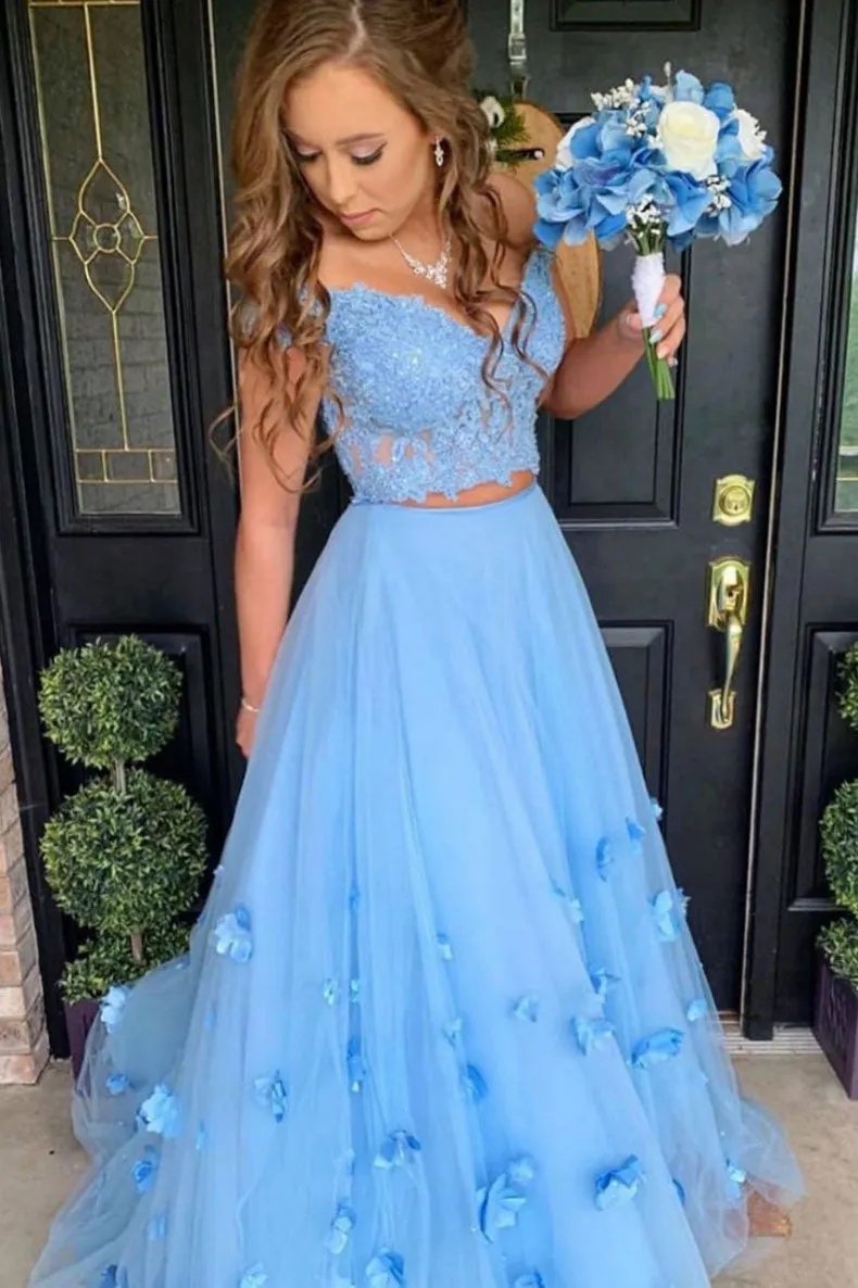 Blue tulle lace off shoulder long prom dress, tulle formal dress