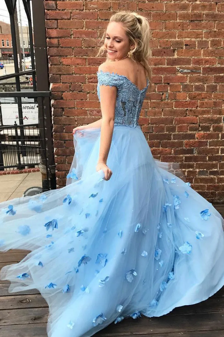 Blue tulle lace off shoulder long prom dress, tulle formal dress