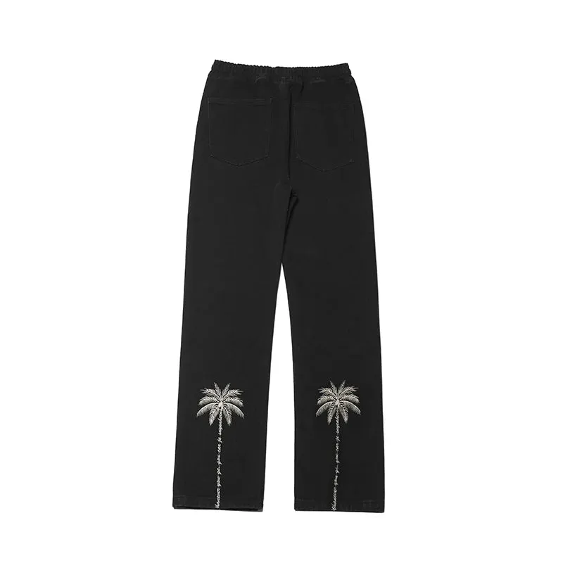 BONSIR  -  Designer Men Jeans Pants Trouser Legs Embroidery Drawstring Straight Black Blue Quality Fashion Oversized Denim Trousers Male