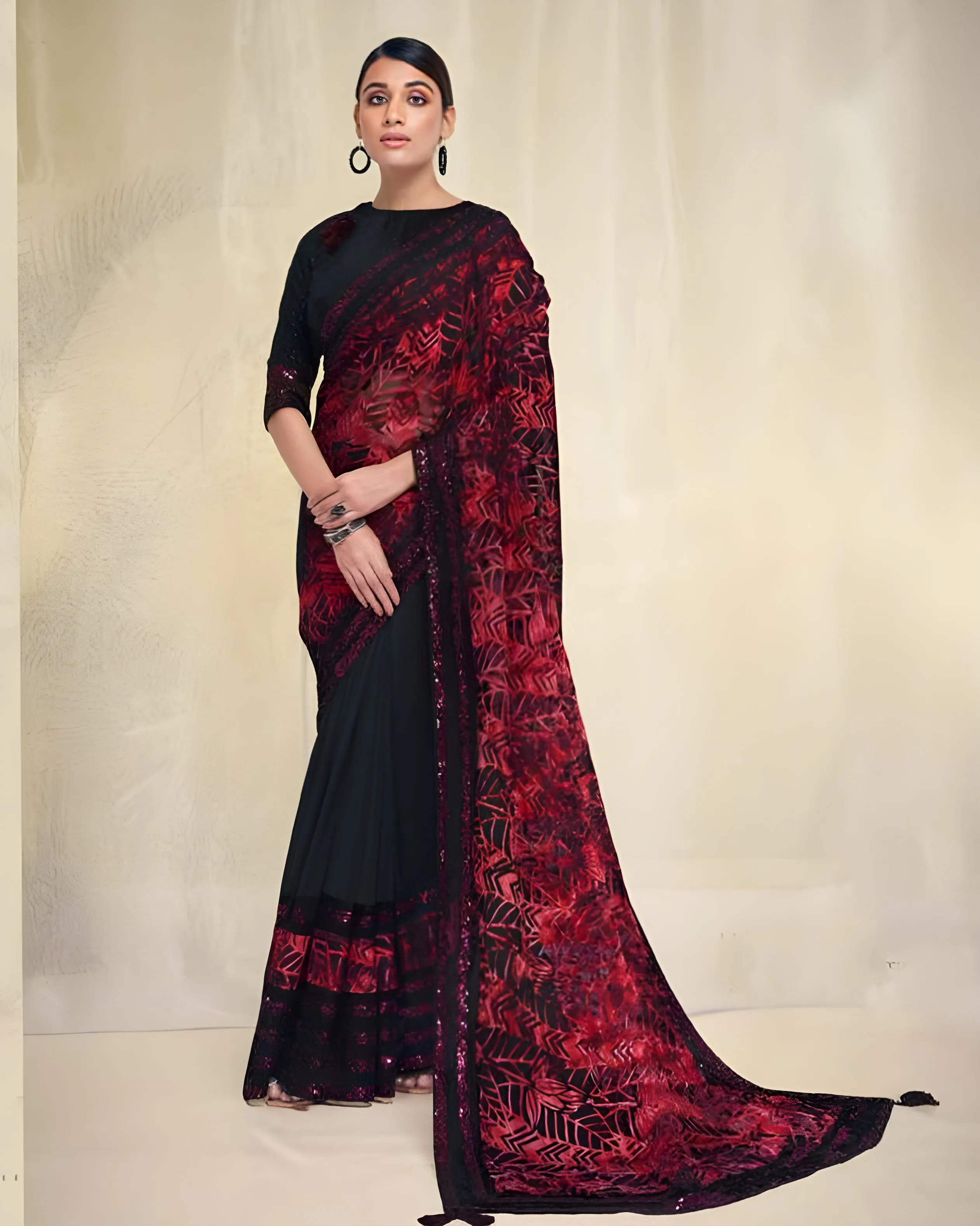 Red Designer Brasso Crepe Saree with Elegant Detailing