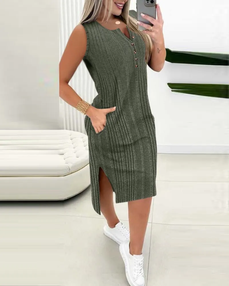 Buttoned Pocket Design Ribbed Casual Dress