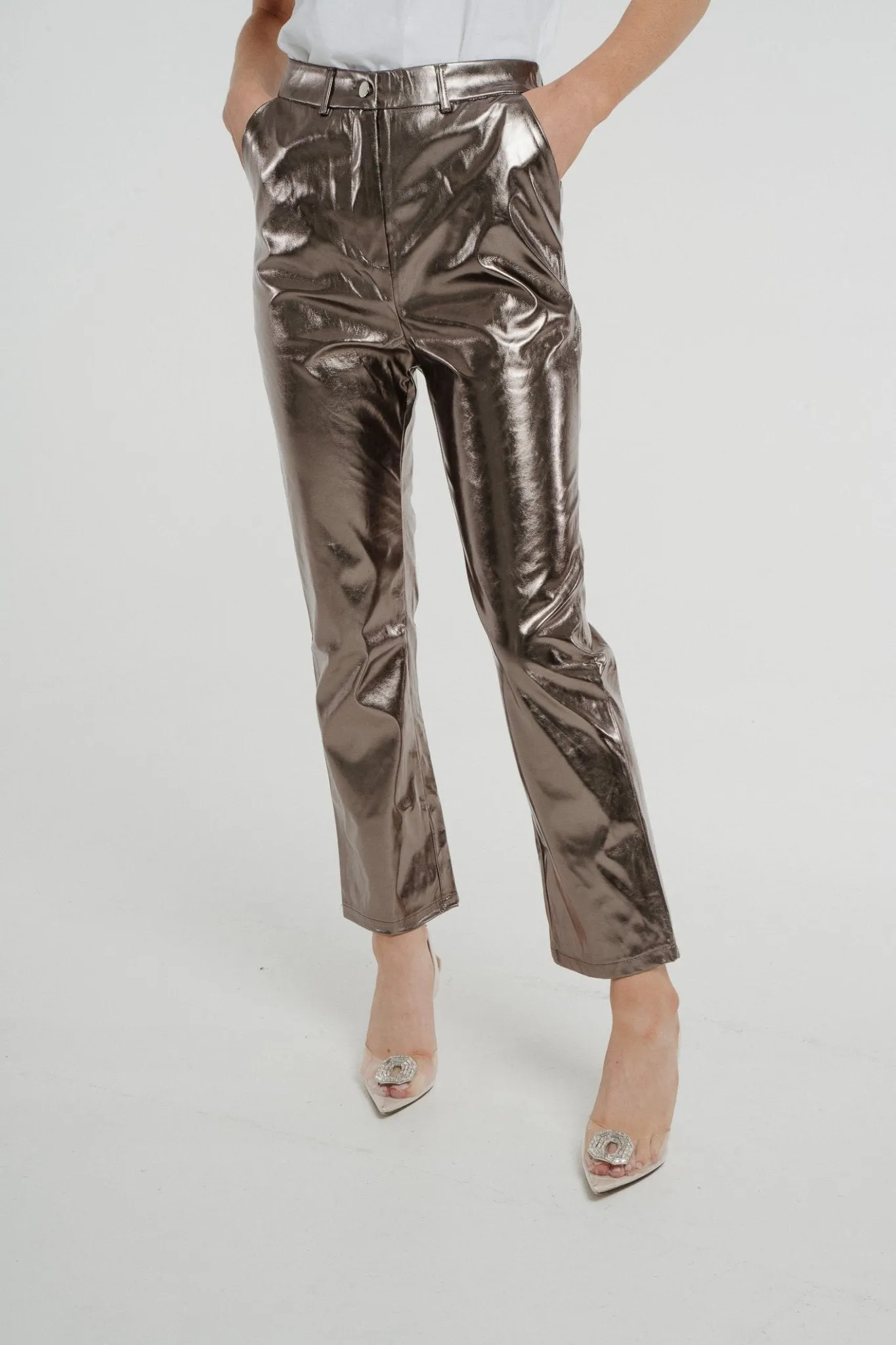 Caitlyn Metallic Straight Leg Trouser In Pewter