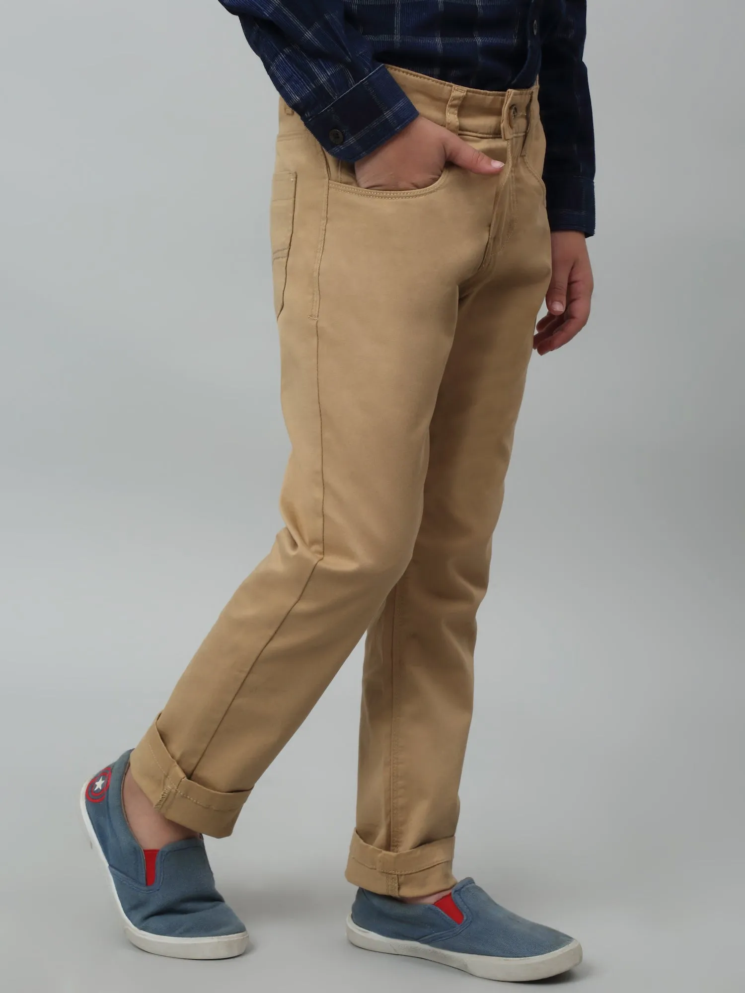 Cantabil Boys Beige Solid Casual Cotton Trouser For Summer