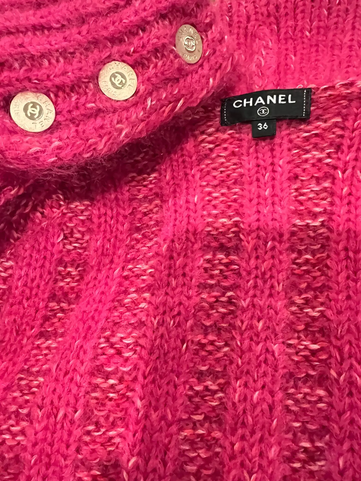 Chanel 2009 Pink Wool Mohair Buckle Sweater Cardigan FR 36 US 4/6/8