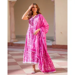 Cotton Floral Pink Women Kurti Pant set with Dupatta