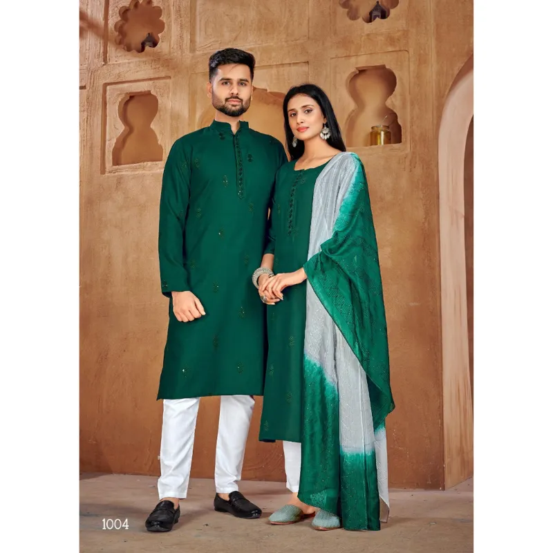 Couple Wear Green Cotton Same Matching Outfits Set