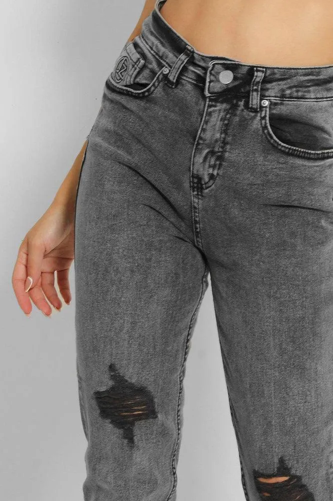 Dark Grey Ripped Knees High Waist Taper Jeans