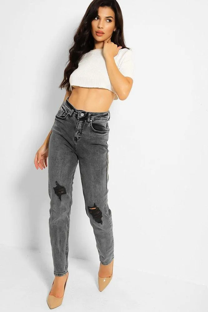 Dark Grey Ripped Knees High Waist Taper Jeans