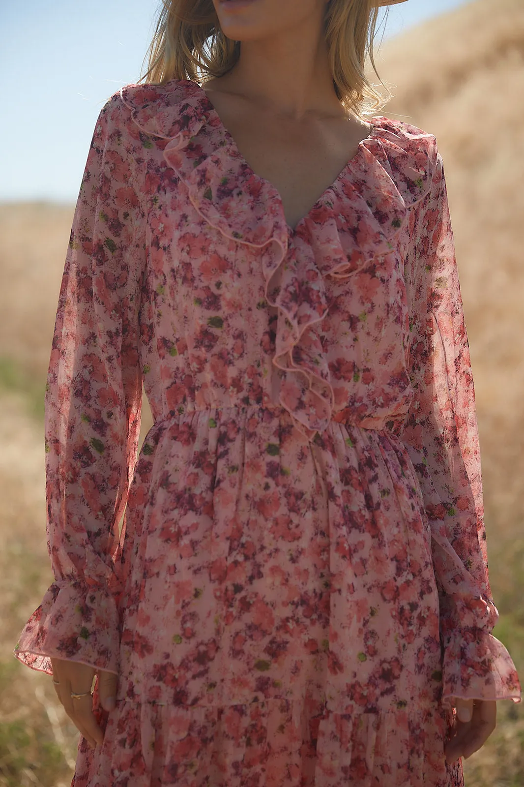 Desert Rose Print Ruffled Maxi Dress