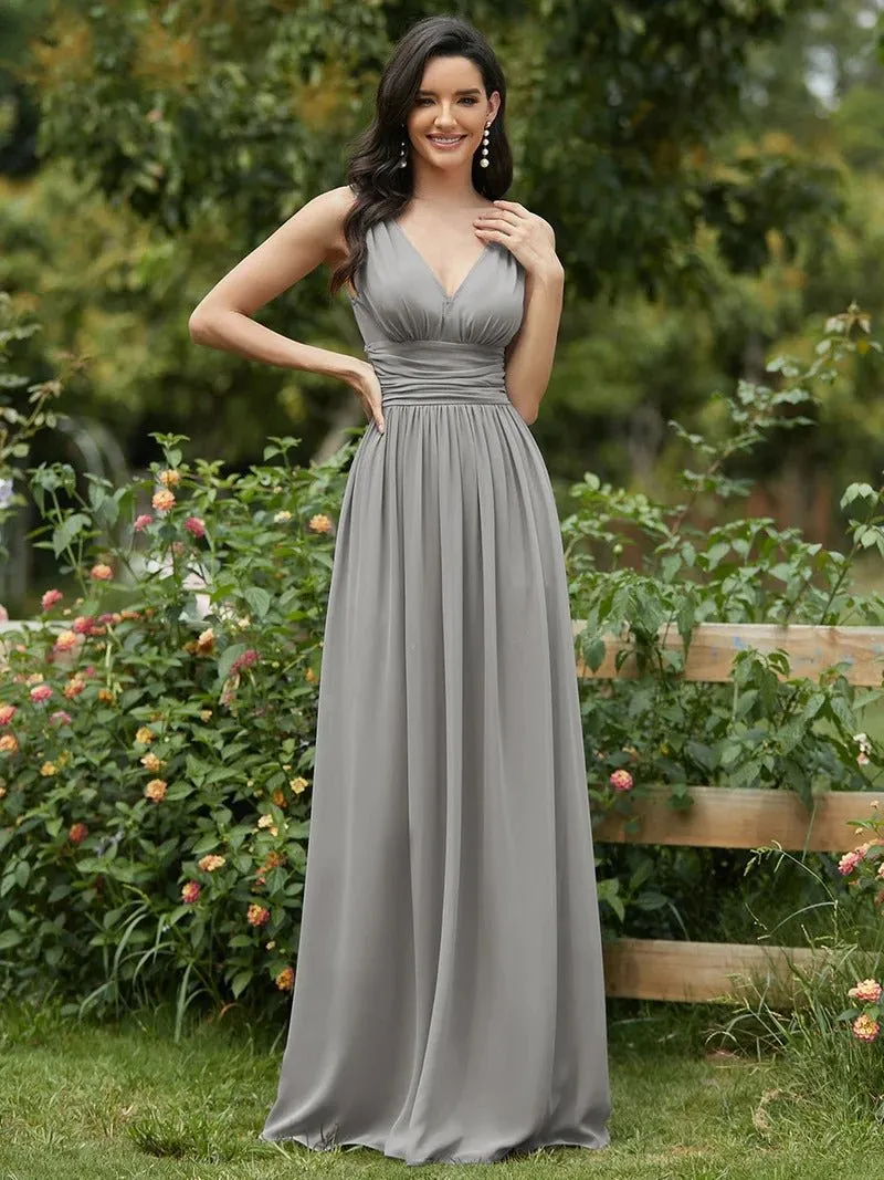 Elegant Double V-Neck Maxi Long Bridesmaid Dress