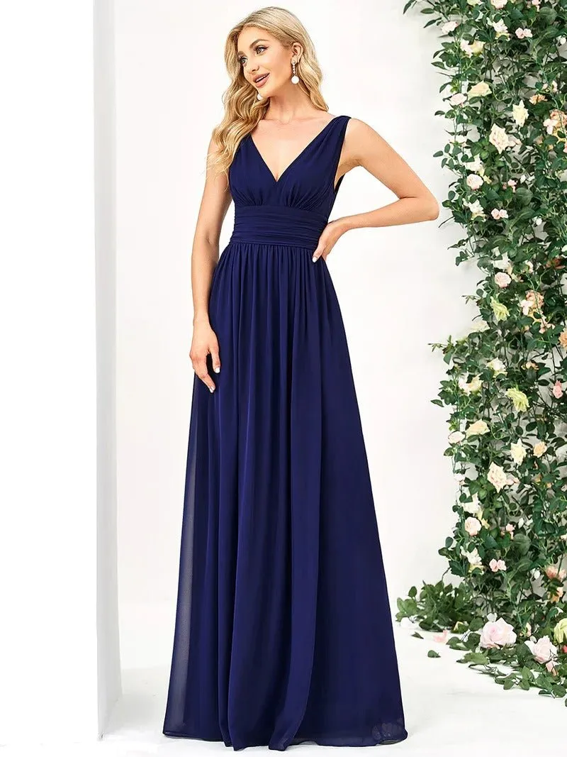 Elegant Double V-Neck Maxi Long Bridesmaid Dress