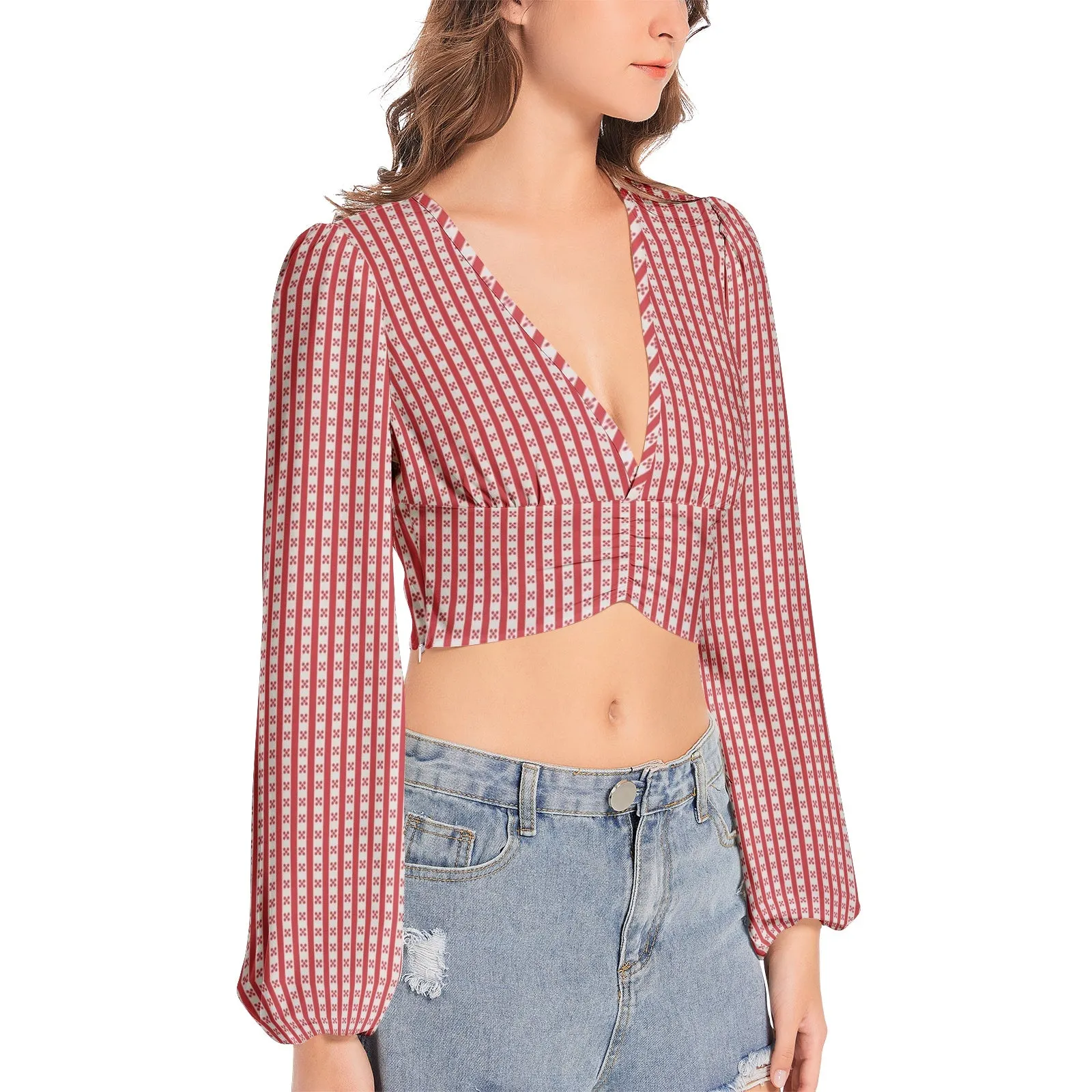 Gingham Striped Women's Deep V-Neck Lantern Sleeve Crop Top