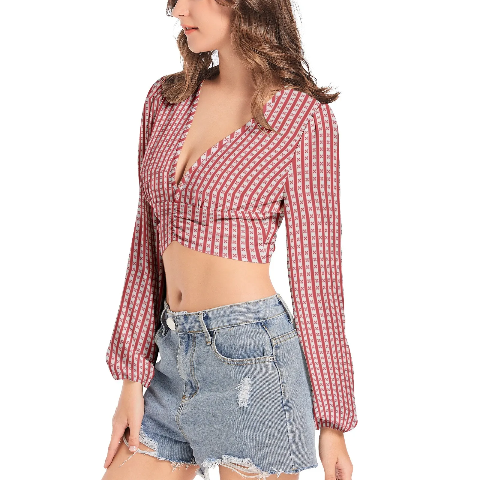 Gingham Striped Women's Deep V-Neck Lantern Sleeve Crop Top