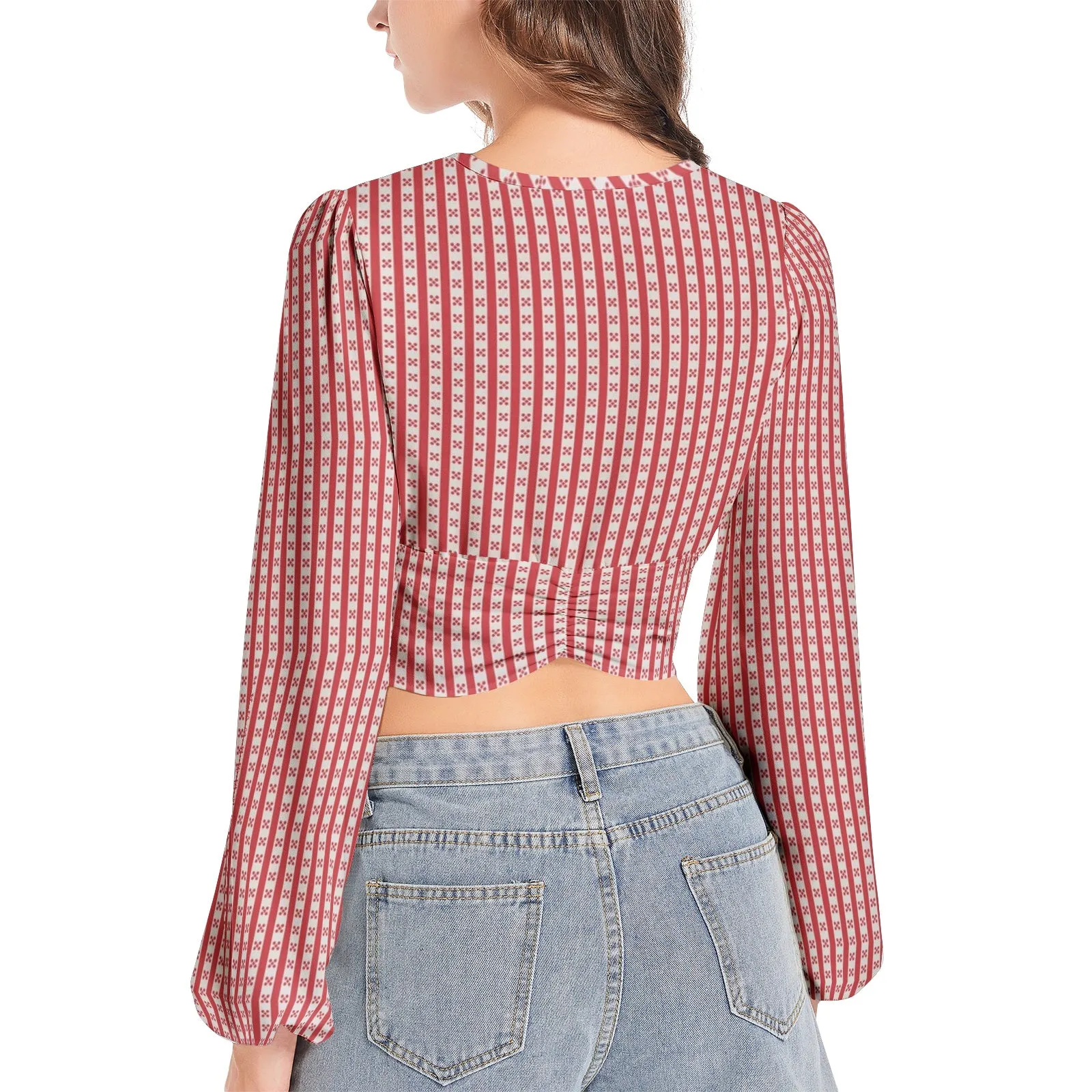 Gingham Striped Women's Deep V-Neck Lantern Sleeve Crop Top