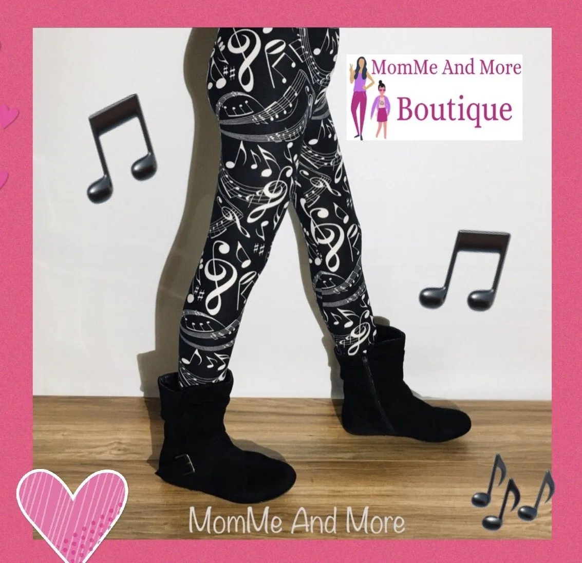 Girls Music Note Leggings, Kids Yoga Pants, Sizes S/L, No-Roll Waist, Black/White