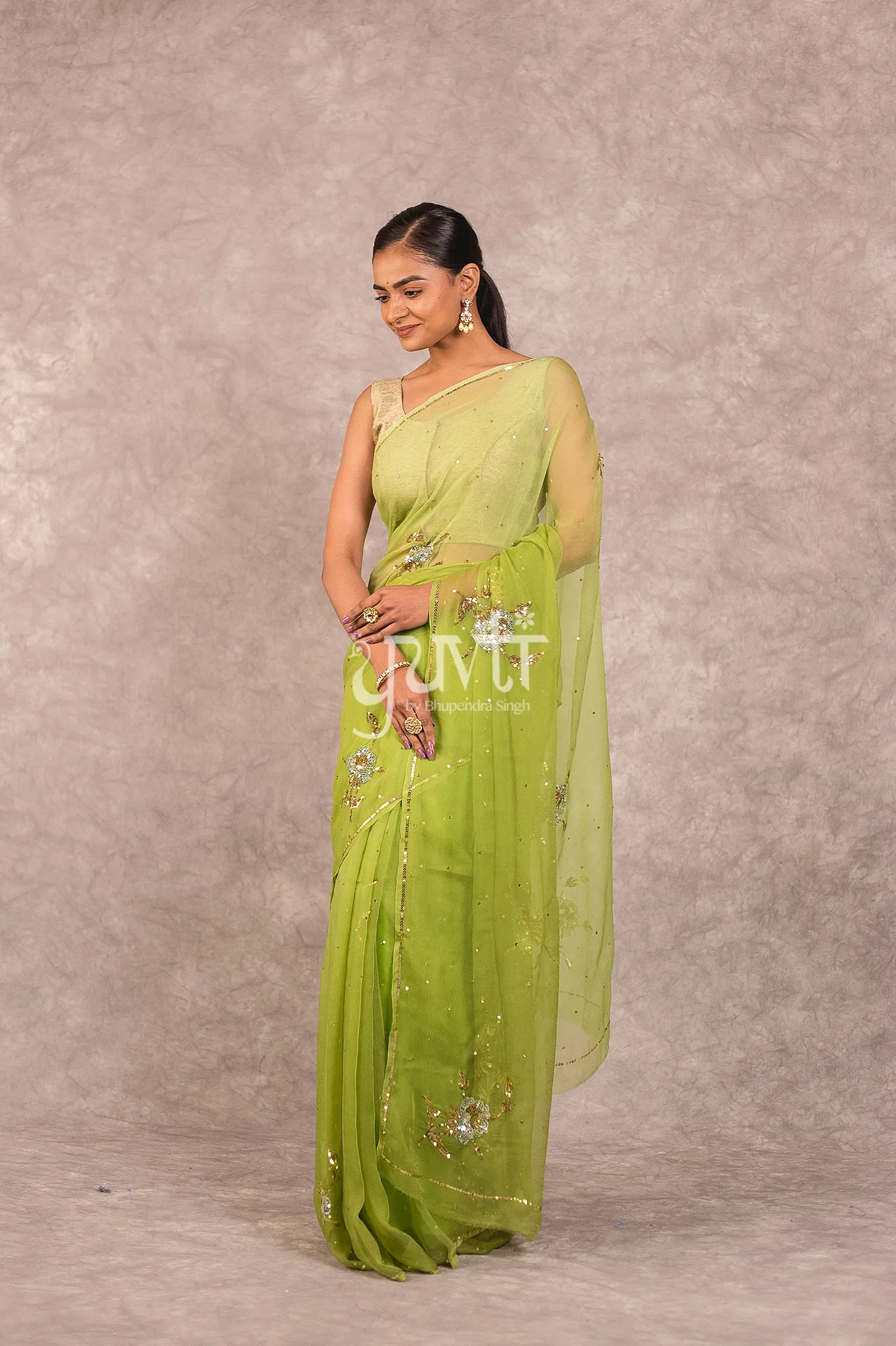 Green viscose Chiffon Aari sequins work Saree