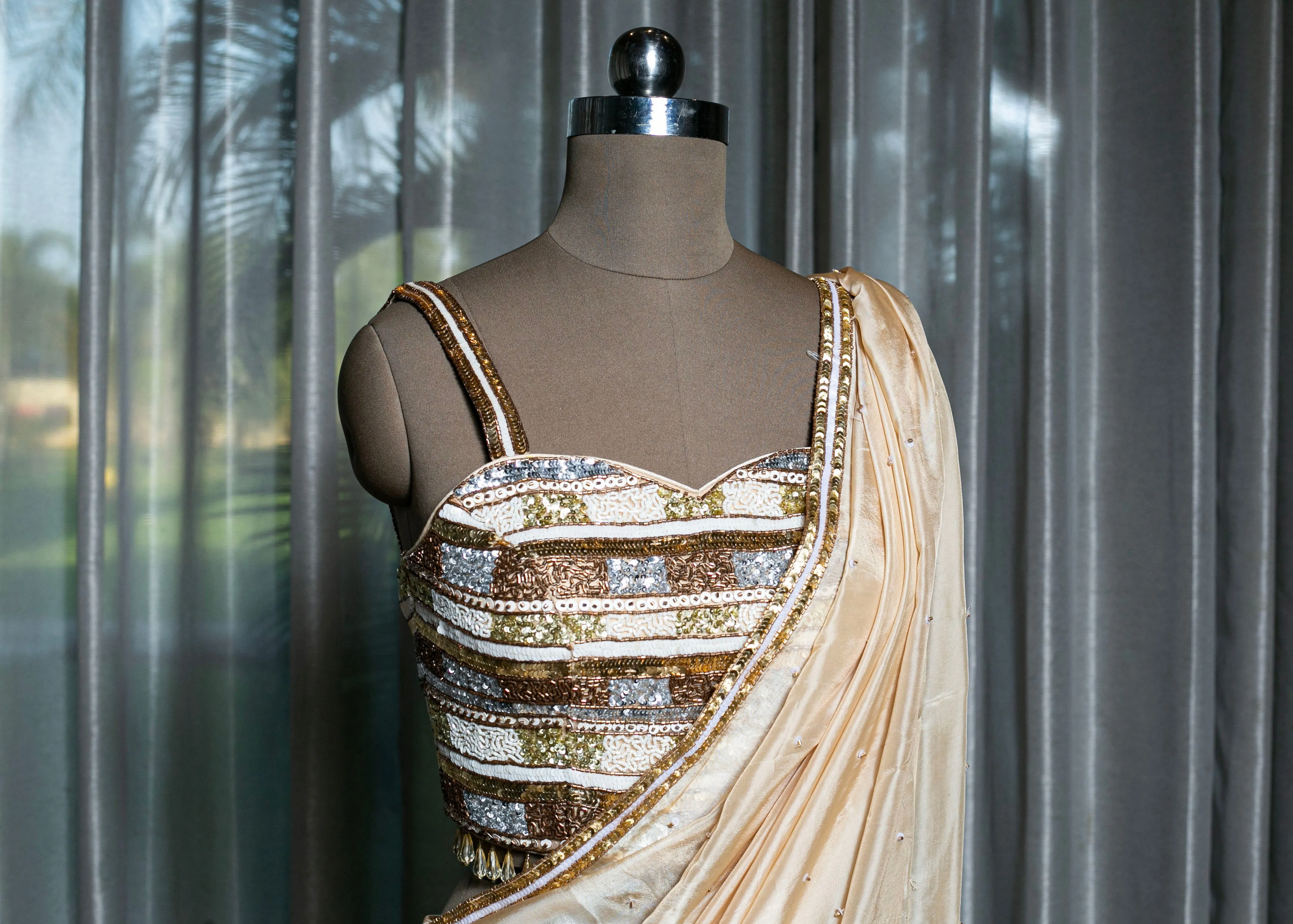 Hand-Embroidered Saree with Crystal and Antique Gold Work