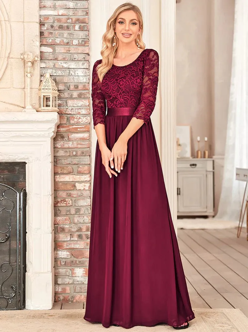 Lace Top Three Quarter Sleeve Flowy Bridesmaid Dress