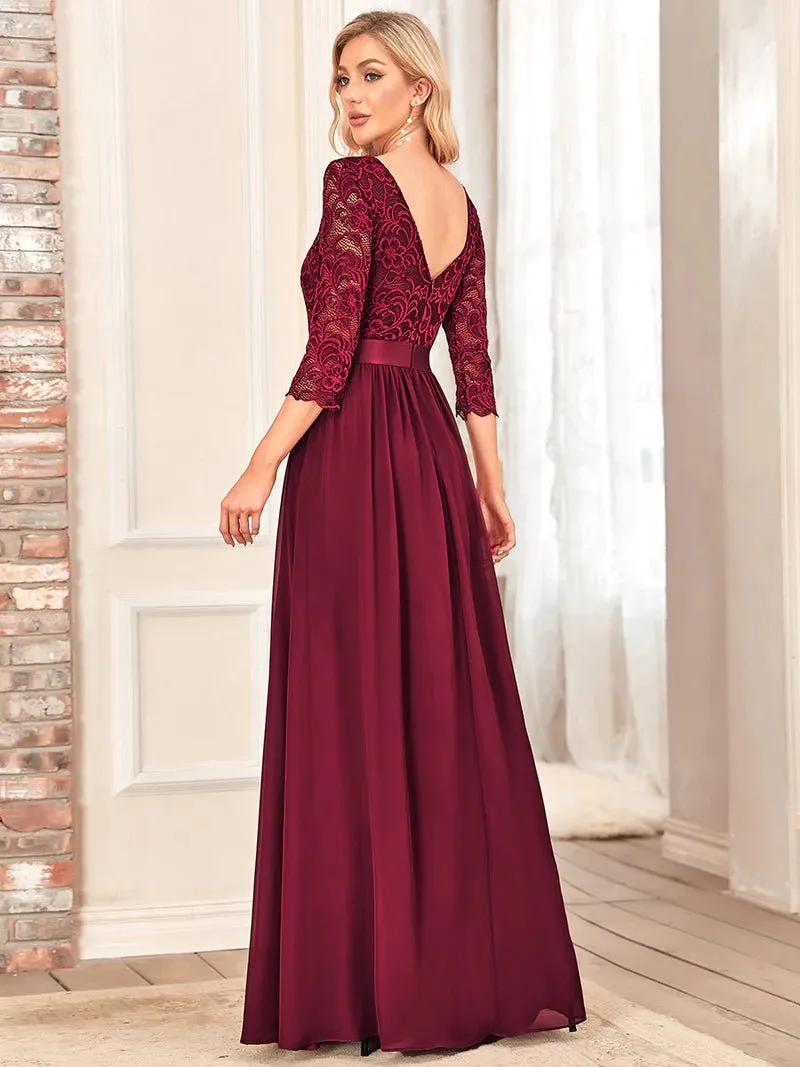 Lace Top Three Quarter Sleeve Flowy Bridesmaid Dress