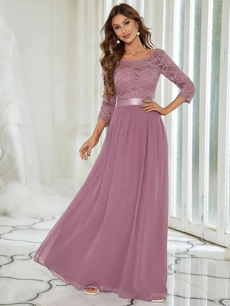 Lace Top Three Quarter Sleeve Flowy Bridesmaid Dress