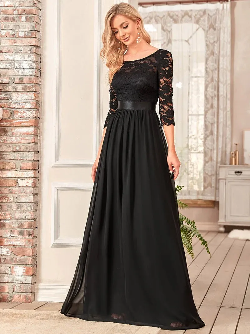 Lace Top Three Quarter Sleeve Flowy Bridesmaid Dress