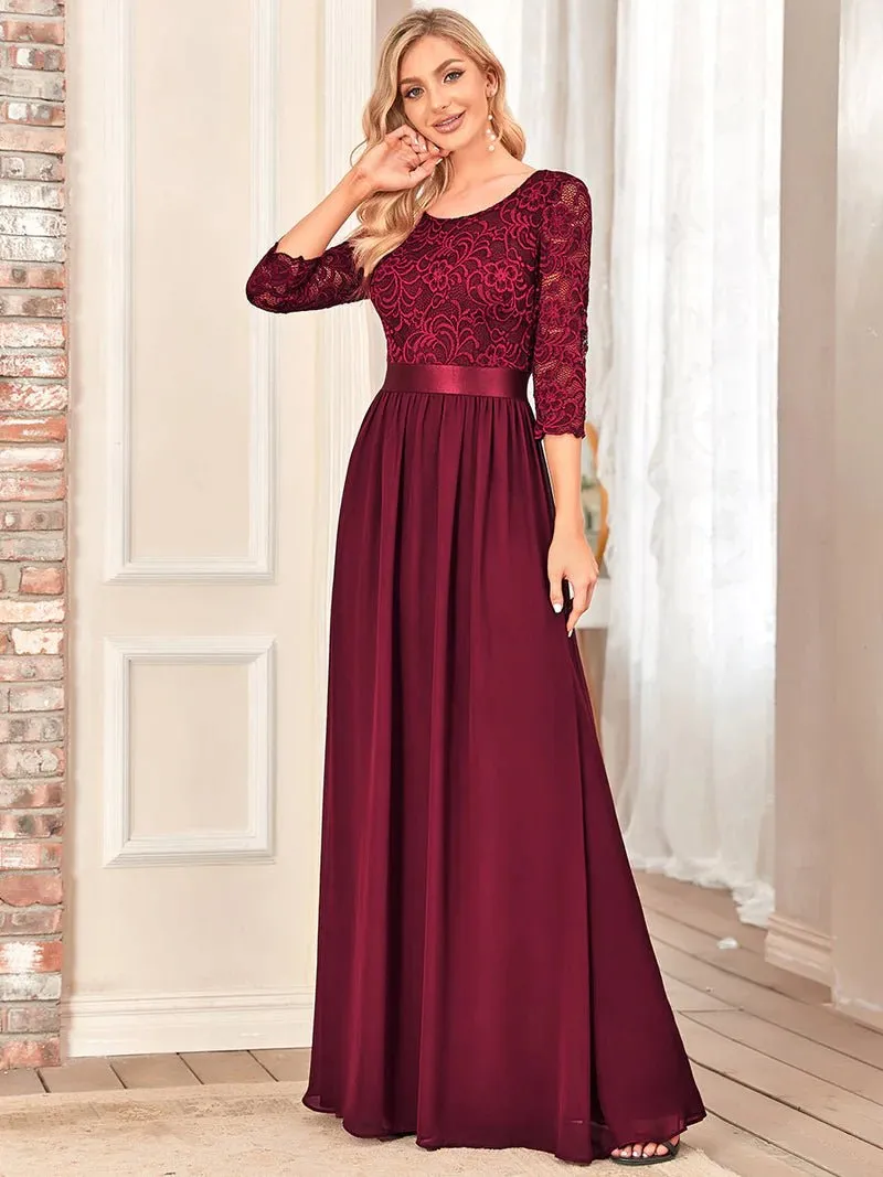 Lace Top Three Quarter Sleeve Flowy Bridesmaid Dress