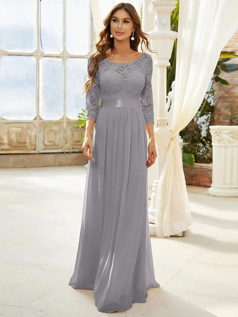 Lace Top Three Quarter Sleeve Flowy Bridesmaid Dress