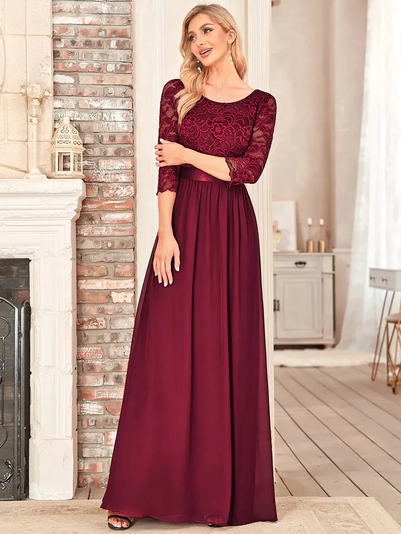 Lace Top Three Quarter Sleeve Flowy Bridesmaid Dress