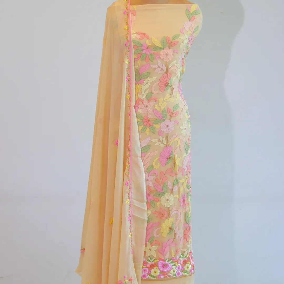 Lemon Cream Hand-Embroidered Georgette Suit