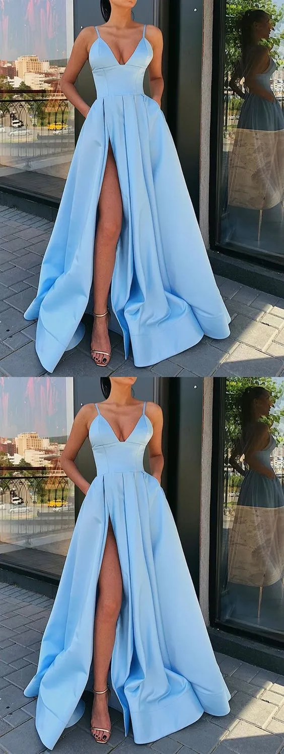 Light Blue Prom Dress Slit Skirt, Evening Dress, Pageant Dance Dresses, Graduation School Party Gown,PC0001