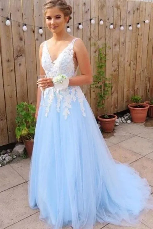 Light Blue Prom Dress with Lace, Evening Dress ,Winter Formal Dress, Pageant Dance Dresses, Graduation School Party Gown, PC0186