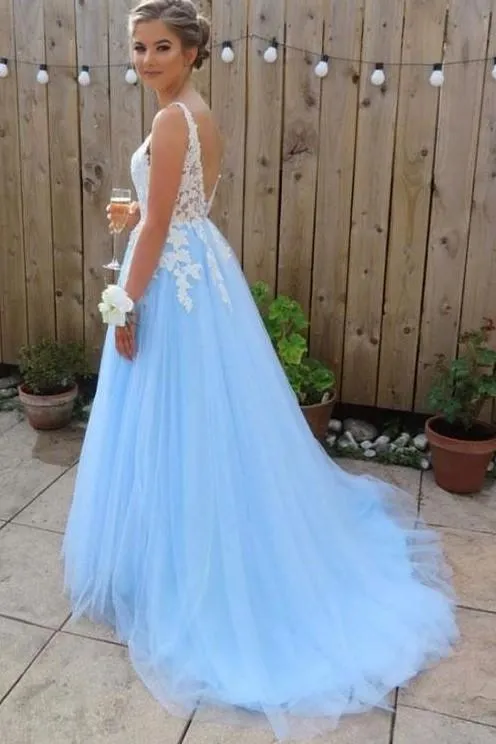 Light Blue Prom Dress with Lace, Evening Dress ,Winter Formal Dress, Pageant Dance Dresses, Graduation School Party Gown, PC0186