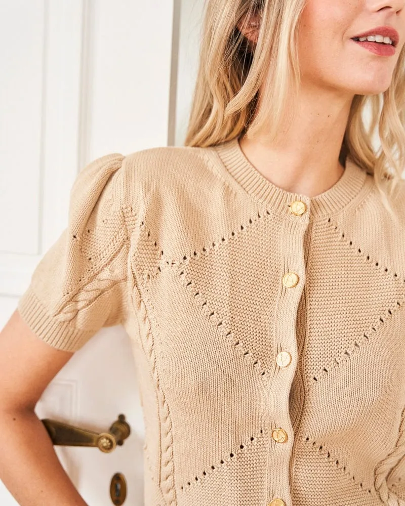 Lily Organic Cotton Knit Detail Cardigan | Almond