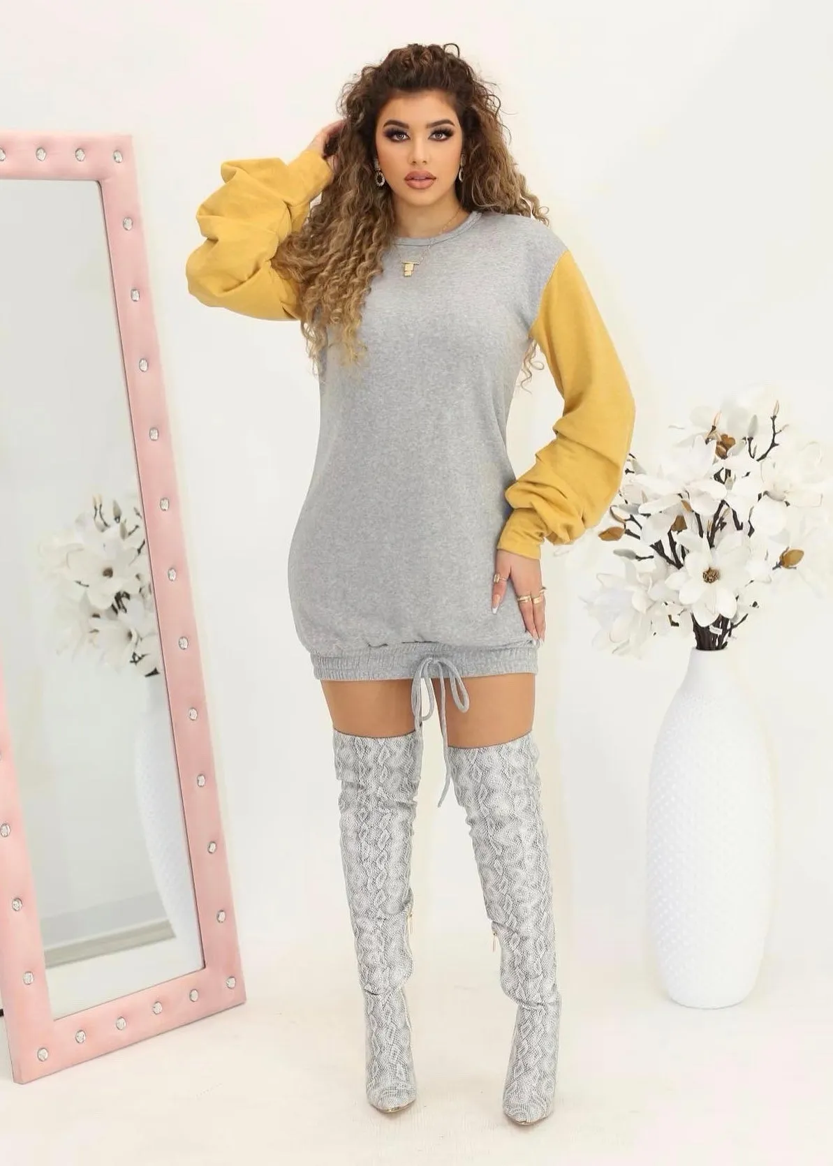 Miguel Sweatshirt Drawstring Mustard Mini Dress