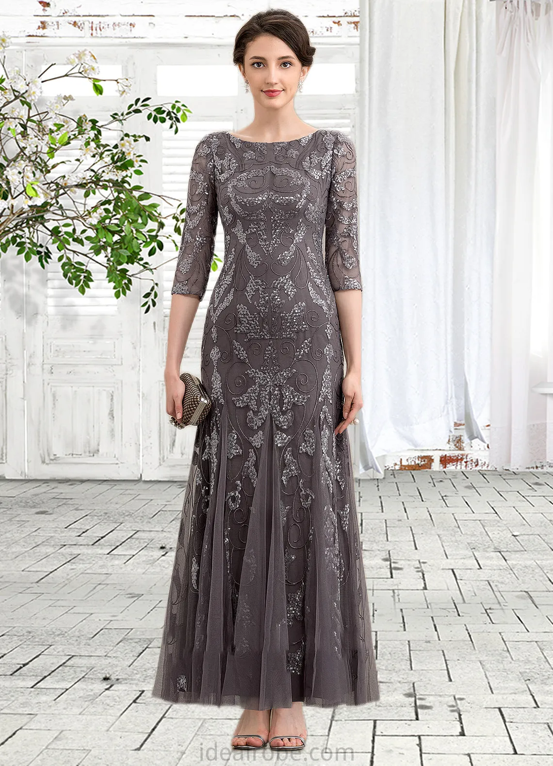 Paisley Sheath/Column Scoop Neck Ankle-Length Tulle Sequined Mother of the Bride Dress STK126P0014758