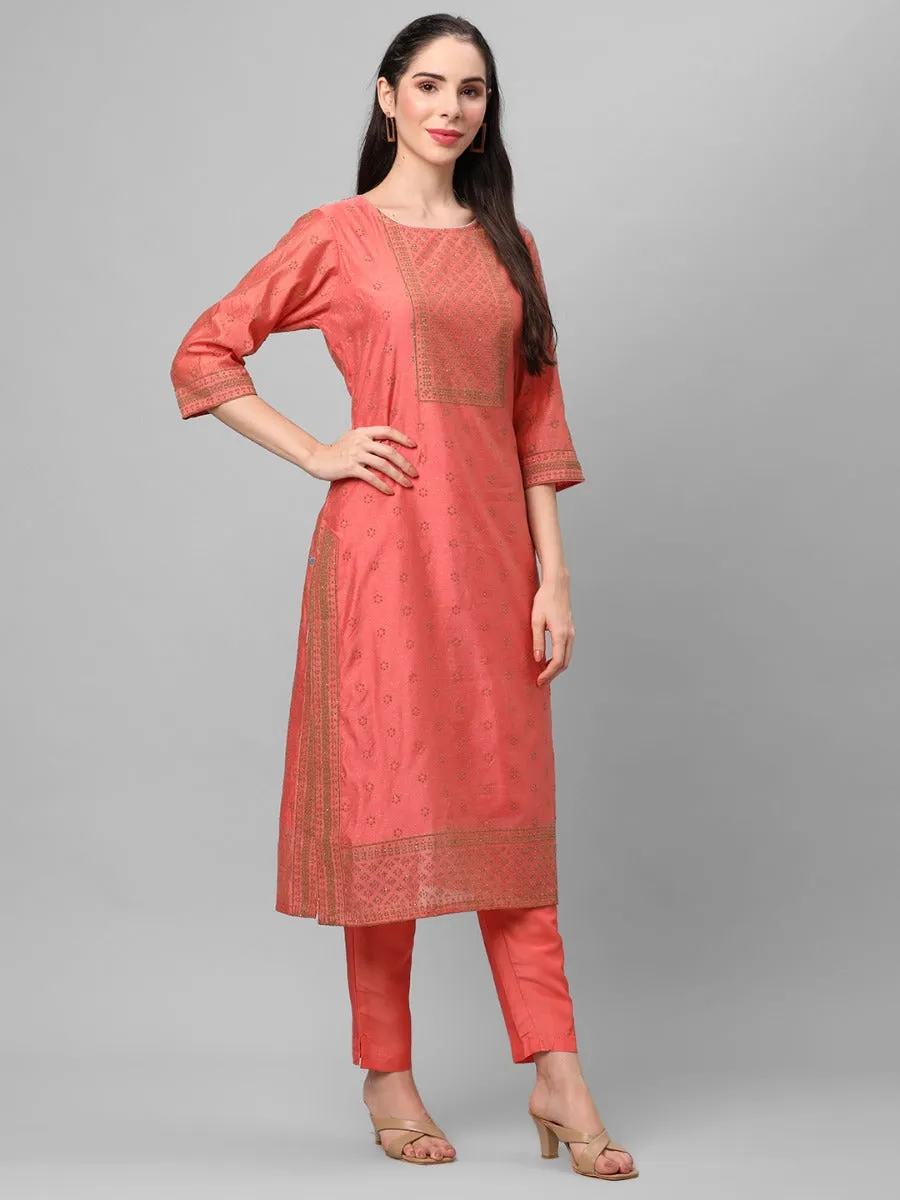 Peach Ornamental Printed Kurta With Trouser