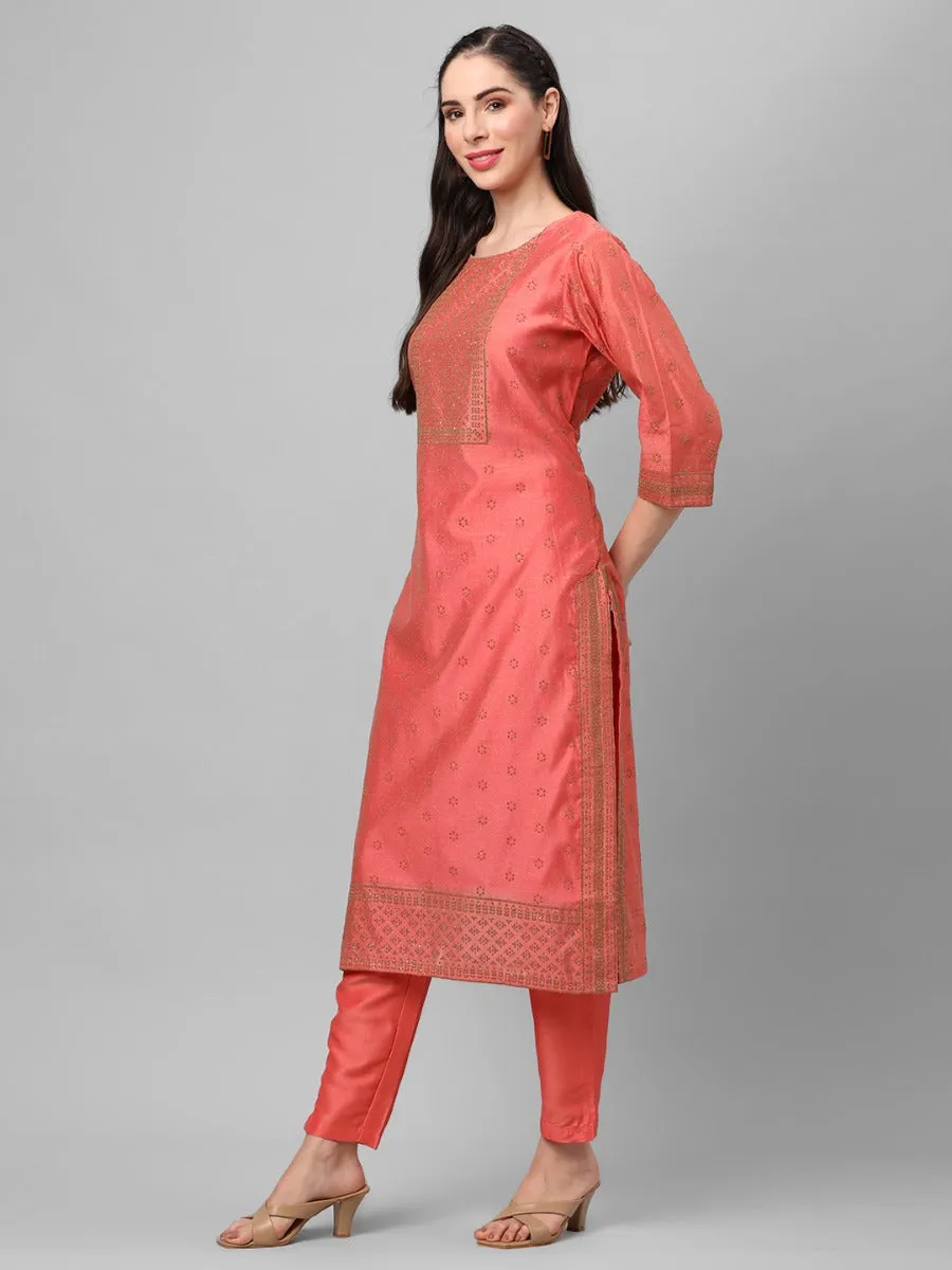 Peach Ornamental Printed Kurta With Trouser