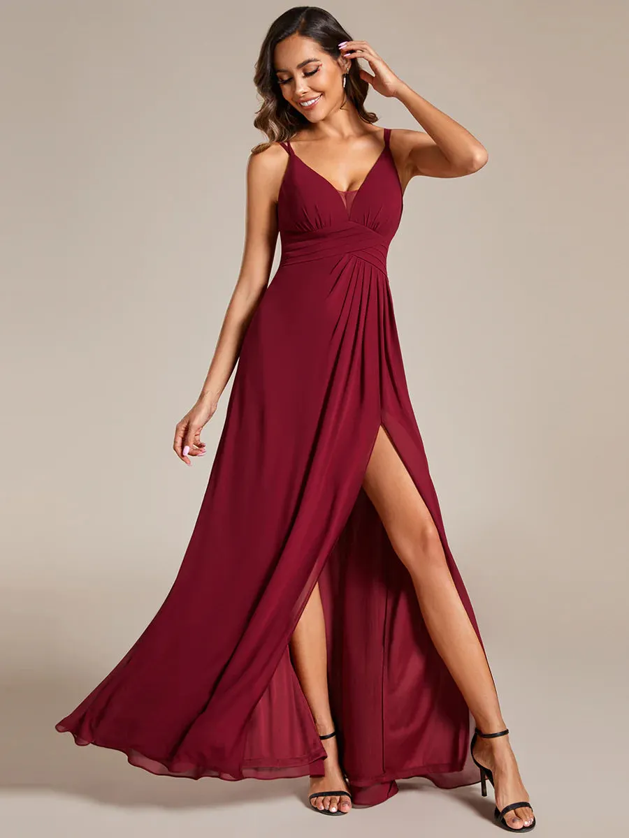 Plunging Neck Split Spaghetti Strap Back X-Cross Bridesmaid Dress