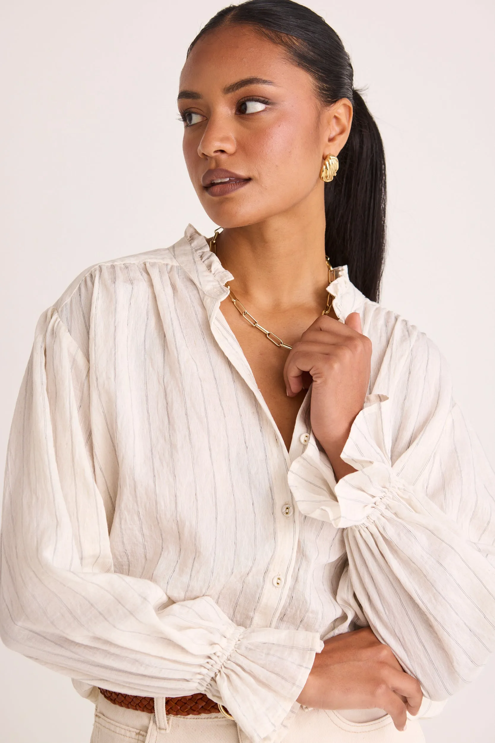 Relatable Ivory Stripe Frill Detail Shirt